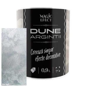 Vopsea cu efect decorativ Dune argintiu Magic Efect este o vopsea acrilică pe bază de apă, pigmenți perlați, nisipuri fine cuarțoase și aditivi speciali.